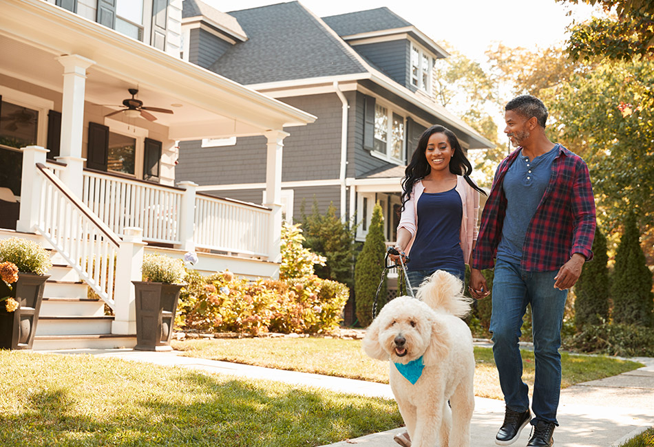 African American couple walking dog