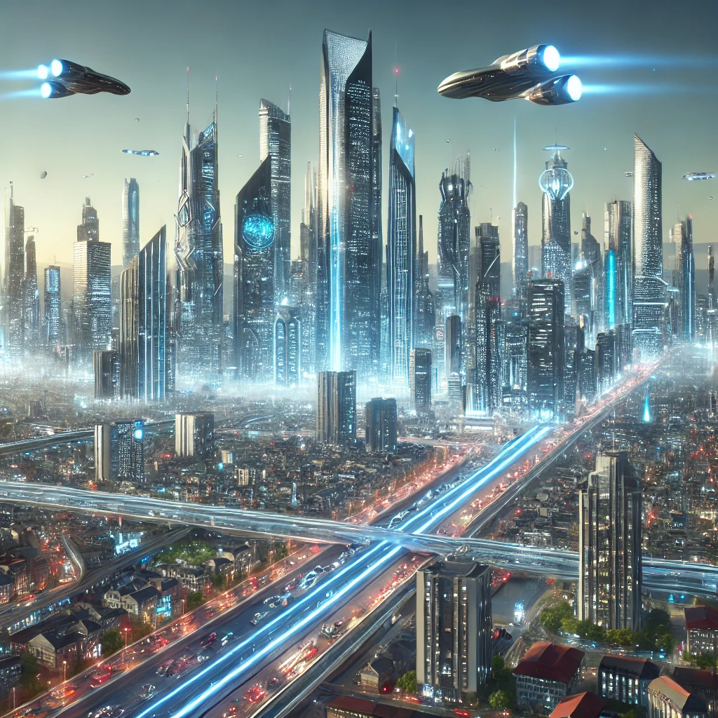 Futuristic city skyline with sleek skyscrapers, flying vehicles, and glowing lights against a clear sky.