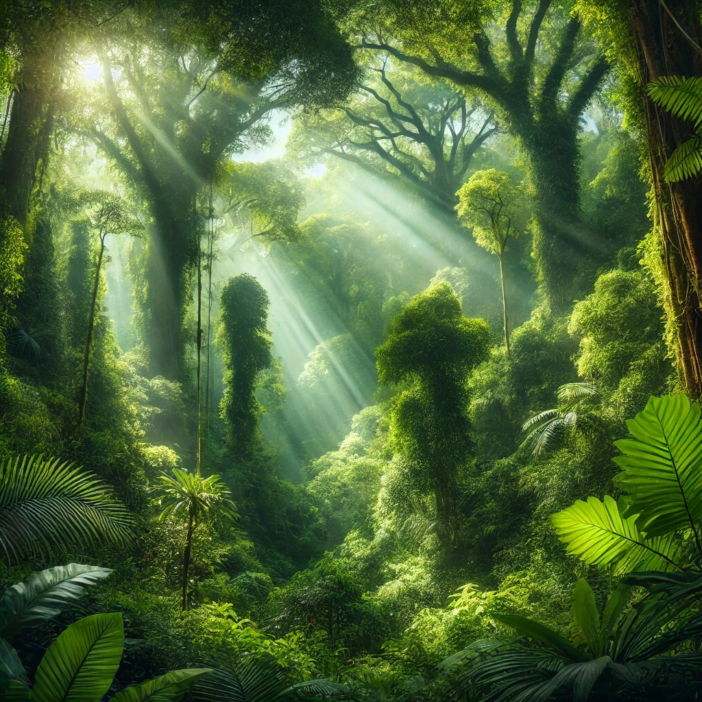 Dense rainforest canopy with lush green foliage and sunlight filtering through the leaves.