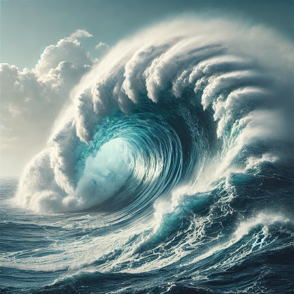 Vast ocean wave crashing with powerful water movement and white foam under a clear sky.