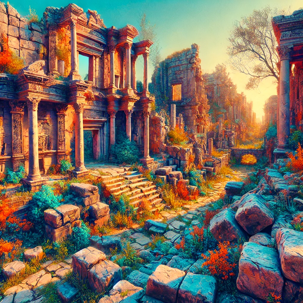 Ancient ruins with crumbling stone structures and overgrown vegetation under a clear sky