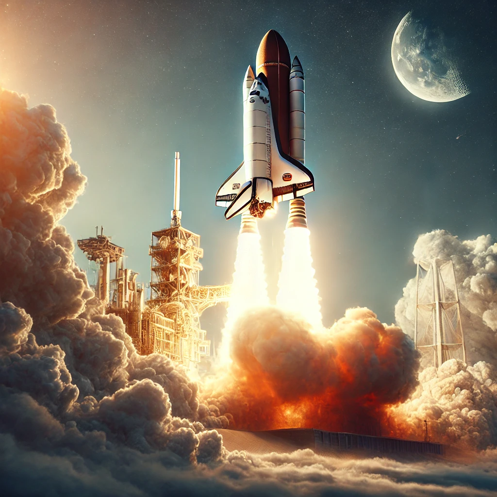 Space shuttle launching with bright flames and smoke against a clear blue sky.